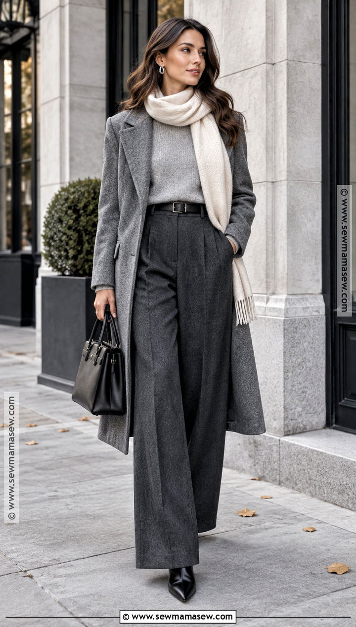 Monochrome Gray Sweater And Wide Leg Pants - 15 Gray Cozy Fall Fashion Ideas