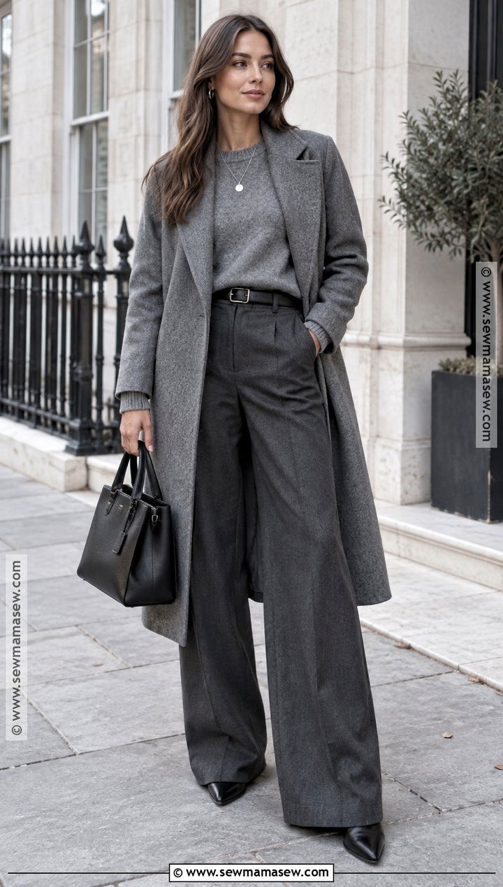 Monochrome Gray Sweater and Trousers Fall Outfit - 15 Fall 2026 Outfit Inspiration Ideas