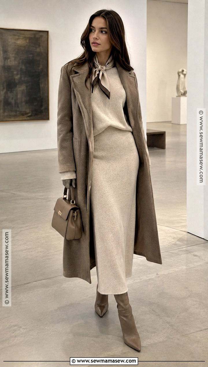 Monochrome Knit Set With Long Coat Fall Modest Outfit - 15 fall 2026 modest outfits