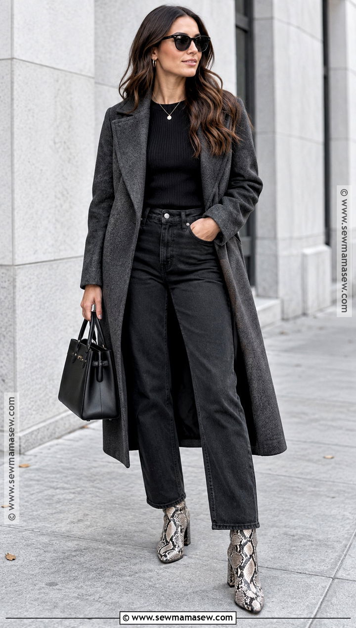 Monochrome Outfit With Animal Print Boots - 15 autumn outfits boots fall fashion