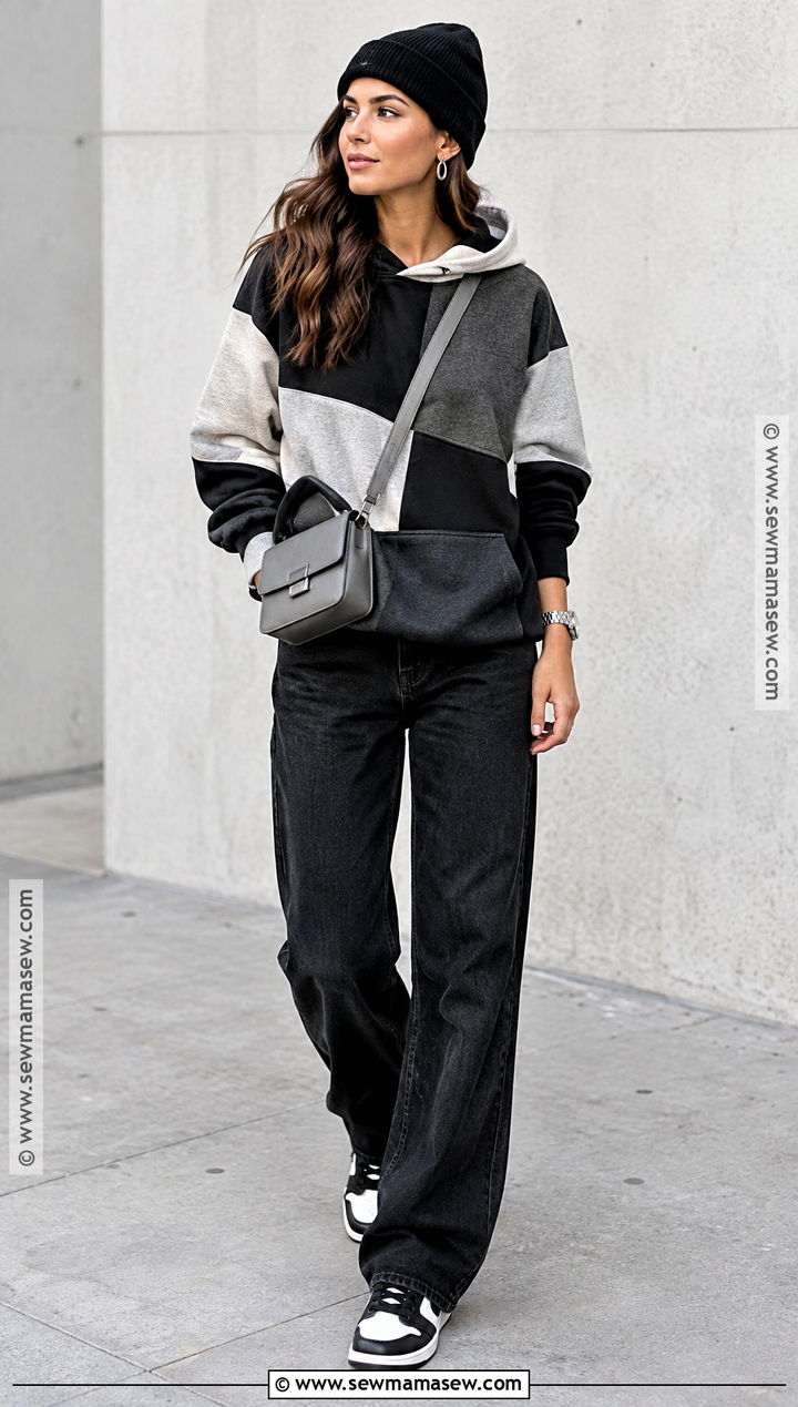 Monochrome Patchwork Hoodie With Black Jeans - 20 Fall Patchwork Hoodie Ideas