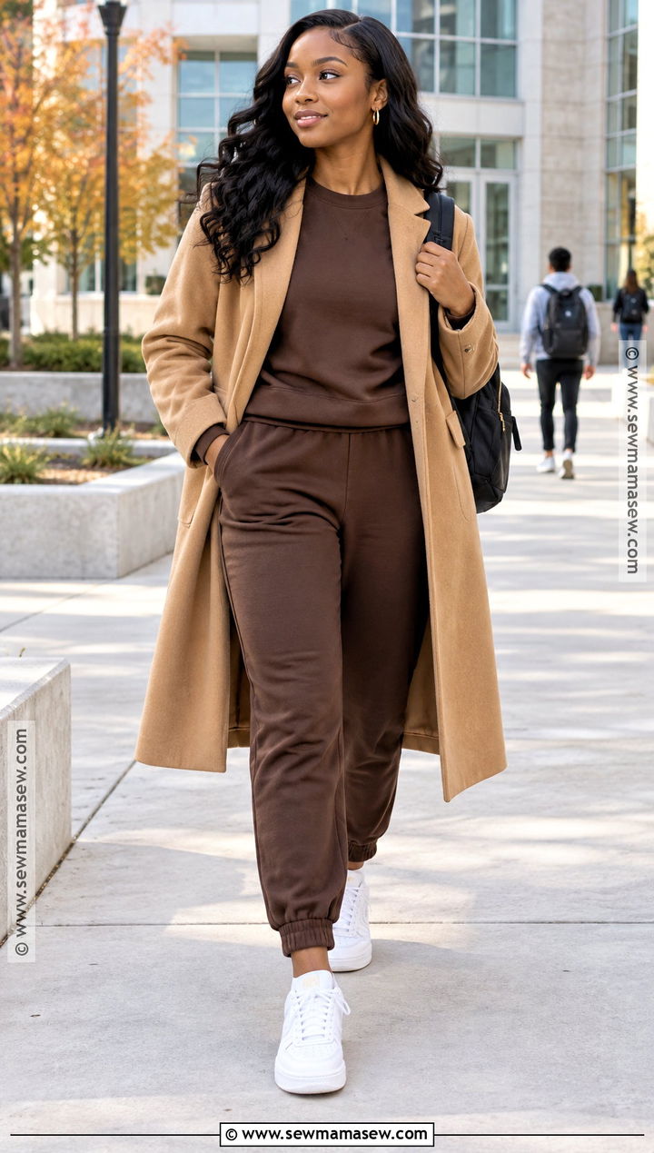 Monochrome Sweats And Long Coat Fall School Outfit - 15 fall school outfits for black women