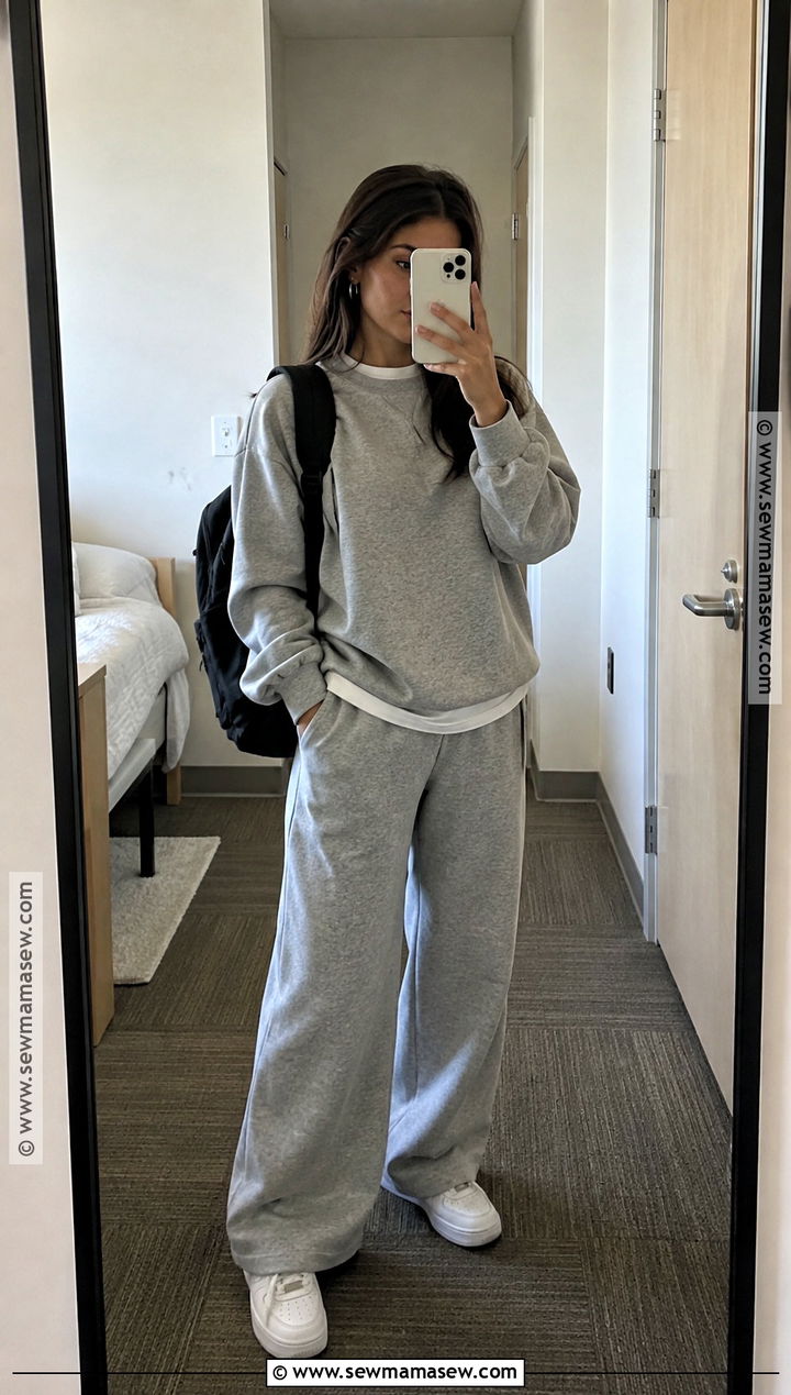Monochrome Sweatshirt And Wide Leg Pants Back To School Outfit - 25 Back To School Inspo Outfits