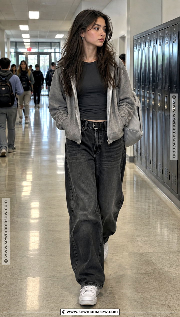 Monochrome Tee And Baggy Jeans Back To School Outfit - 15 1St Day Back To School Outfits