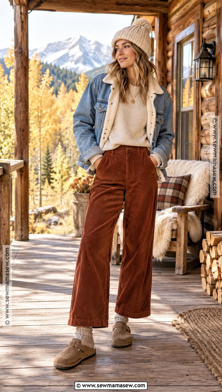 Montana Fall Cabin Outfit With Sweater And Corduroy Pants - 15 montana vacation outfits fall