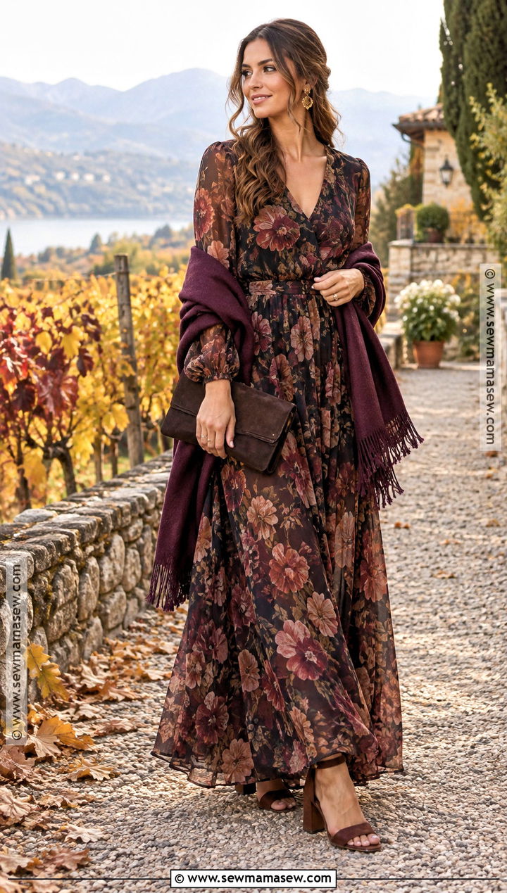 Moody Floral Chiffon Maxi Fall Wedding Guest Dress - 15 dress to wear to fall wedding ideas