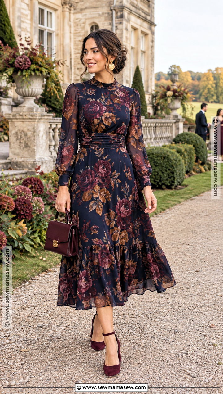Moody Floral Fall Wedding Guest Dress - 15 fall wedding guest dress ideas 2026