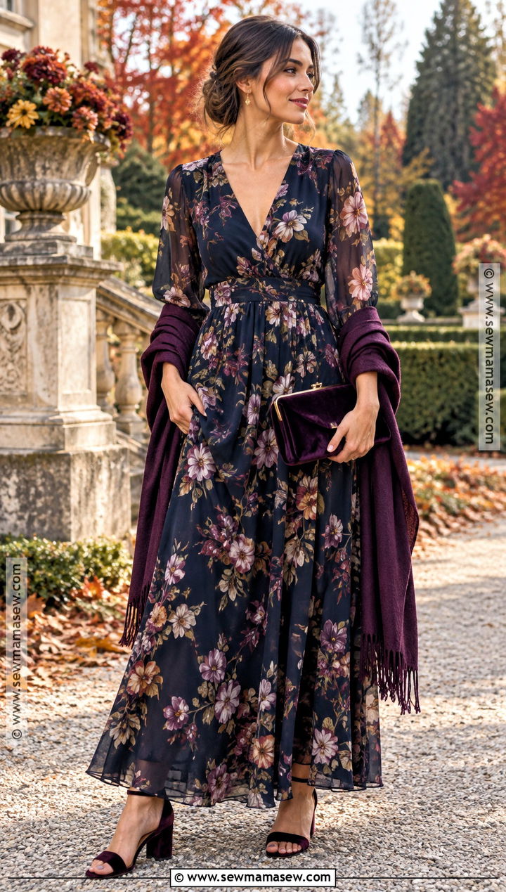 Moody Floral Maxi Fall Wedding Guest Outfit - 15 cute fall wedding outfits for guest