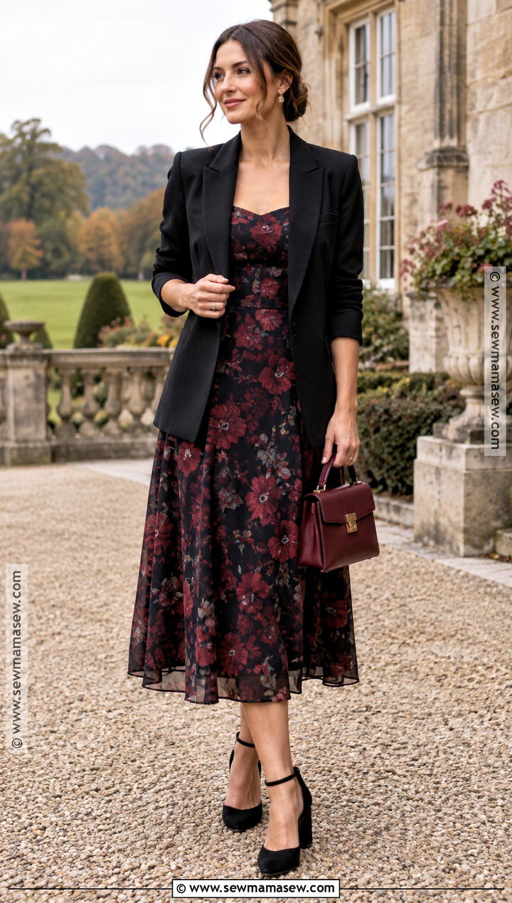 Moody Floral Midi Fall Wedding Guest Outfit - 25 semi formal fall wedding guest attire ideas
