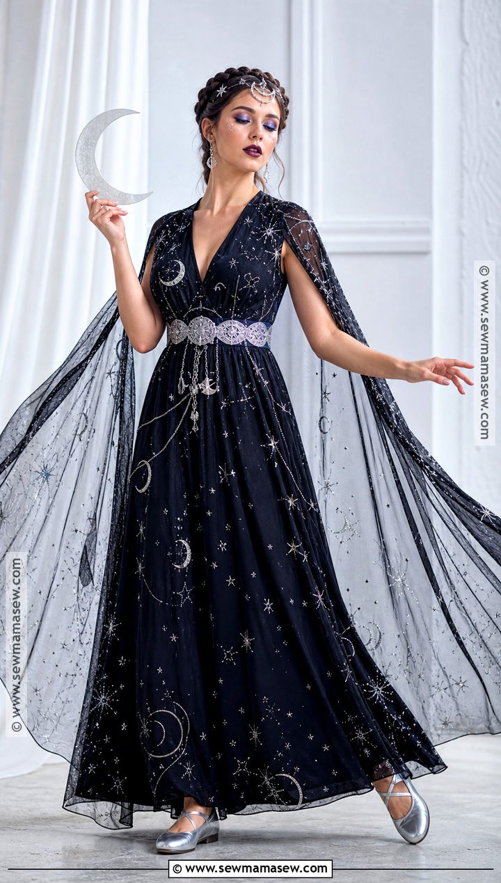 Moon Goddess Costume With Silver Stars - 30 black dress halloween costume ideas