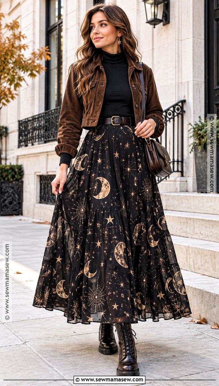 Moon Print Skirt and Mock Neck Whimsigoth Fall Outfit - 25 whimsigoth fall outfits