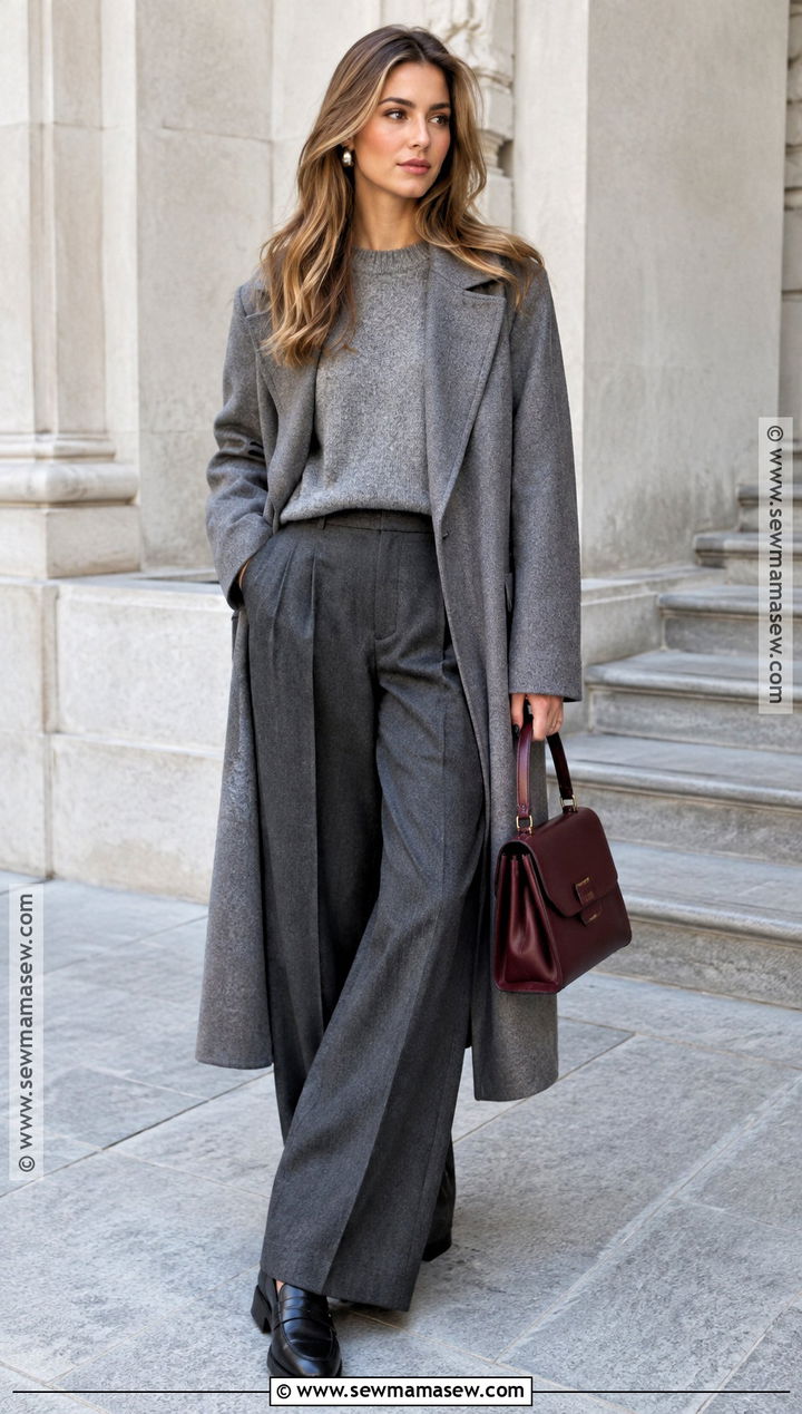 Morgan Stewart Gray Sweater And Wide Leg Pants Outfit - 15 Morgan Stewart Fall Style Ideas