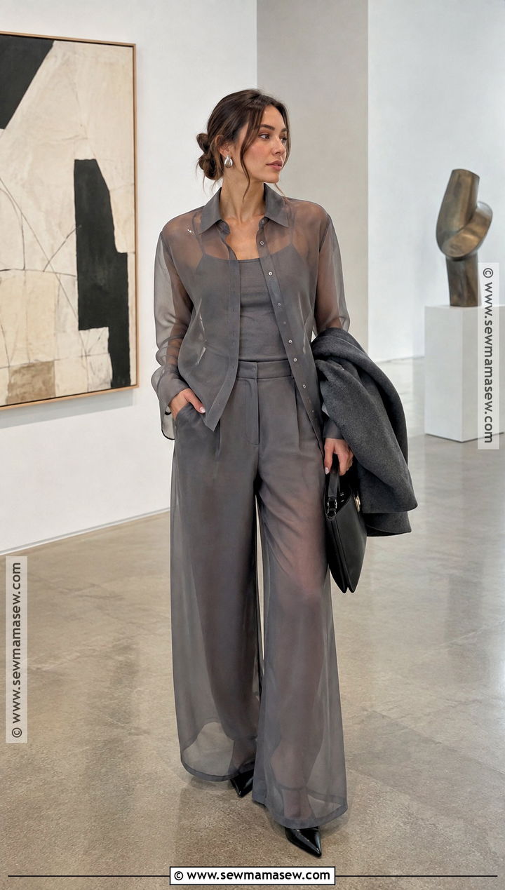 Morgan Stewart Organza Shirt And Matching Pants Outfit - 15 Morgan Stewart Fall Style Ideas