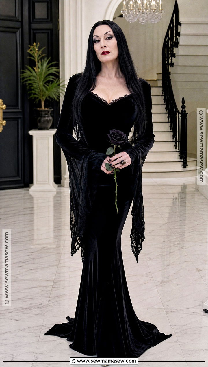 Morticia Addams Costume With Black Dress - 30 long black hair costume ideas