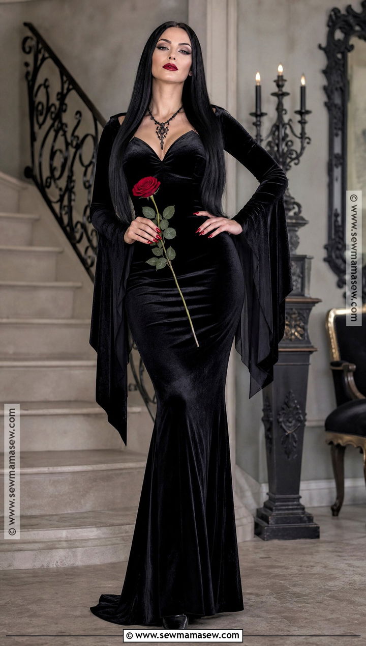 Morticia Addams Costume With Black Gown - 30 long black hair halloween costumes