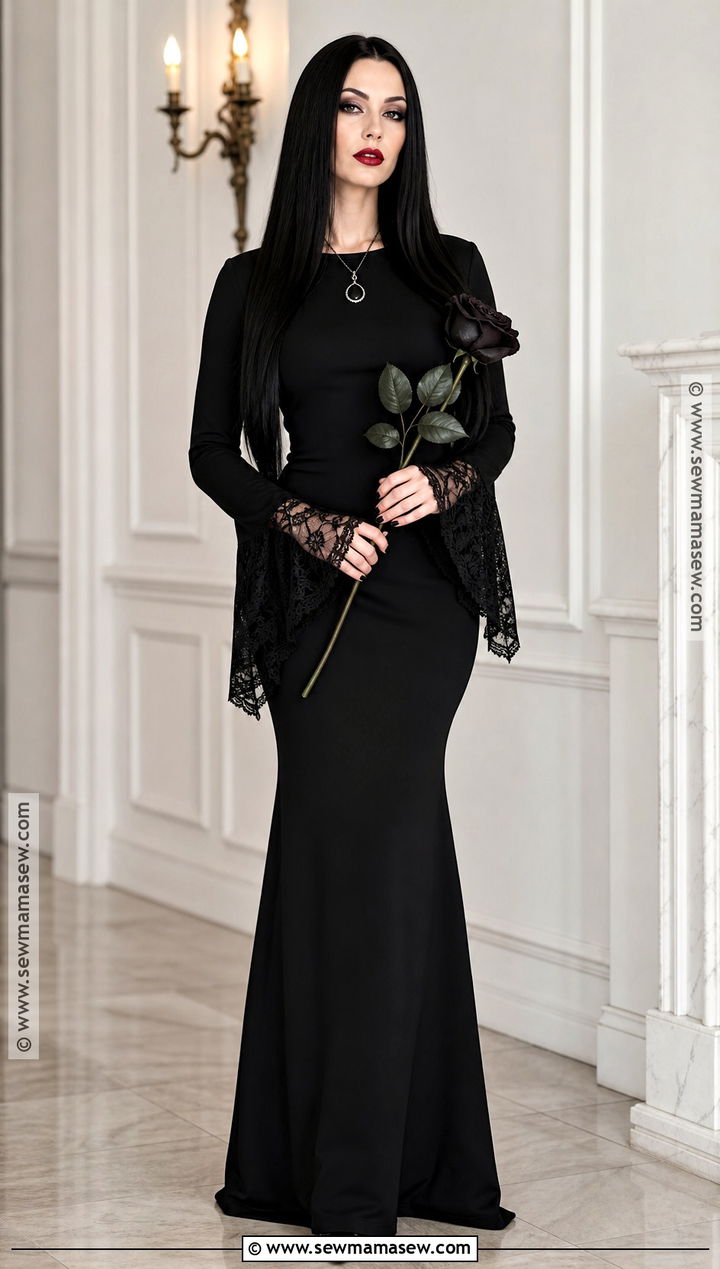 Morticia Addams Costume With Black Maxi Dress - 35 black dress costume ideas