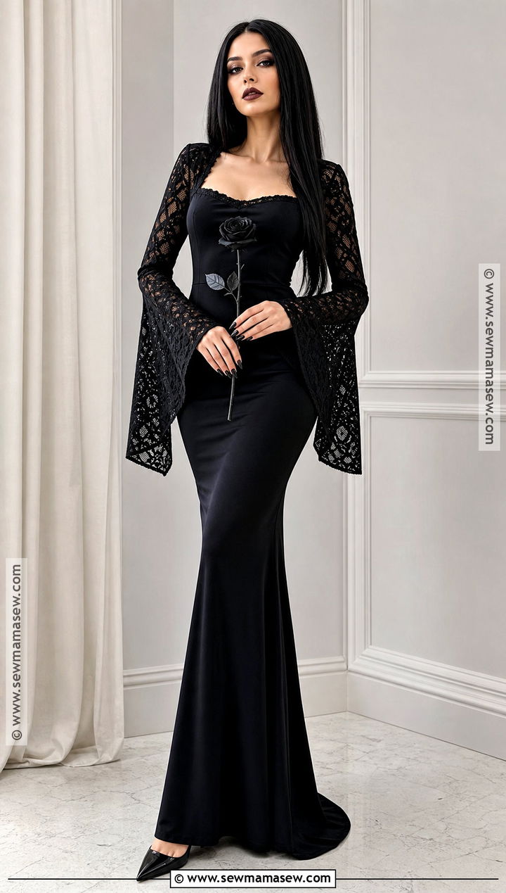 Morticia Addams Costume With Fitted Black Gown - 30 All Black Halloween Costume Ideas for Women
