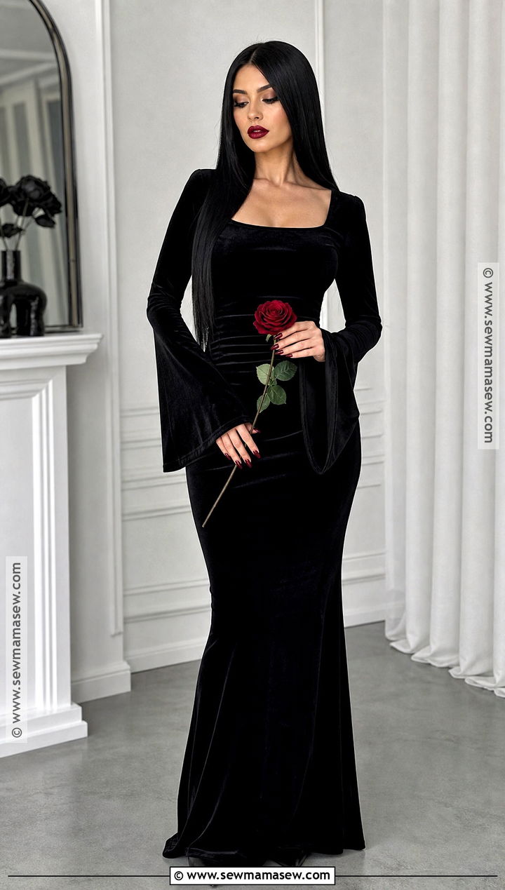 Morticia Addams Costume With Long Black Dress - 35 dark hair halloween costume ideas