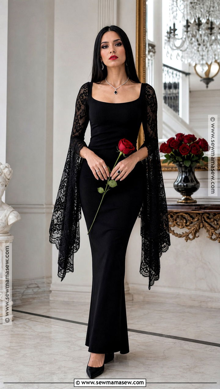 Morticia Addams Costume With Long Black Dress - 40 black dress halloween costume ideas