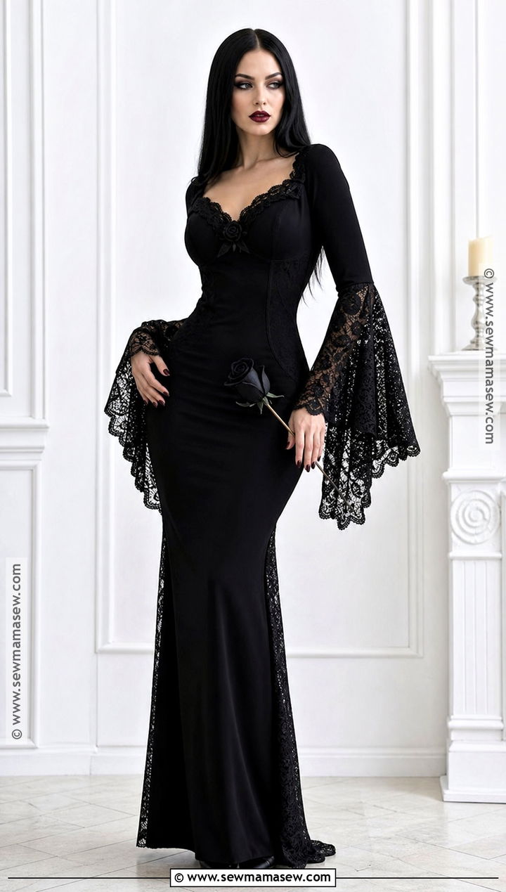 Morticia Addams Costume With Long Black Dress - 30 black dress halloween costume ideas