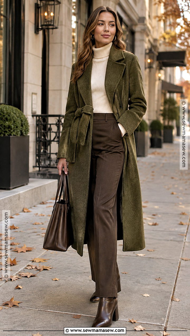 Moss Green Belted Coat With Brown Trousers - 15 green fall coat ideas