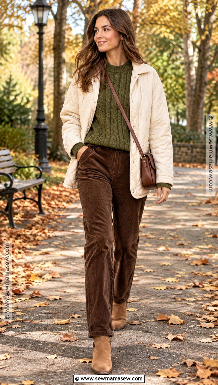 Moss Green Cable Knit With Brown Corduroy Pants - 15 Autumn Green Knitwear Ideas