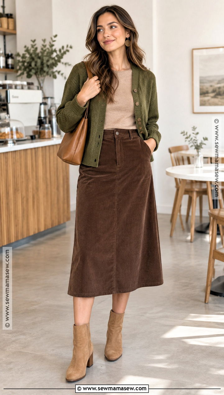 Moss Green Cardigan And Chocolate Skirt Autumn Outfit - 15 Autumn Color Analysis Clothes