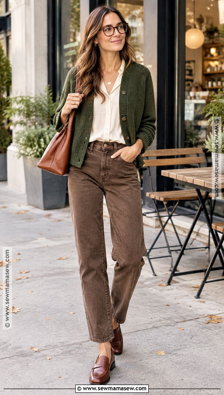 Moss Green Cardigan With Cream Blouse And Brown Jeans - 15 warm autumn color clothes