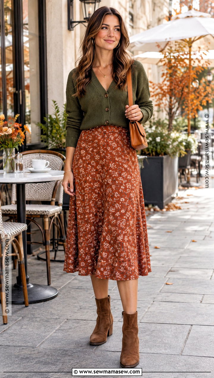 Moss Green Cardigan and Midi Skirt Fall Outfit - 25 green fall outfit ideas