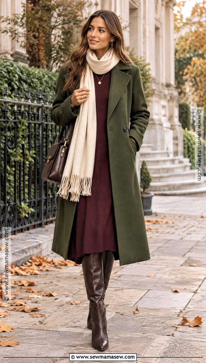 Moss Green Coat And Burgundy Dress Autumn Outfit - 20 Autumn Colour Palette Outfits