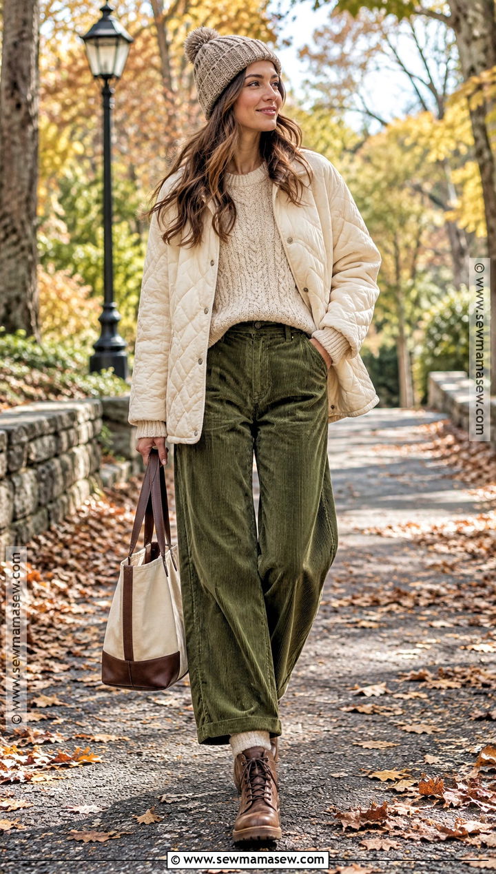 Moss Green Corduroy Pants With Oatmeal Sweater - 15 Fall Outfits Corduroy Pants
