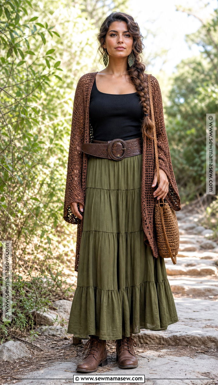 Moss Green Maxi Skirt Boho Witch Outfit - 30 Boho Witch Outfits