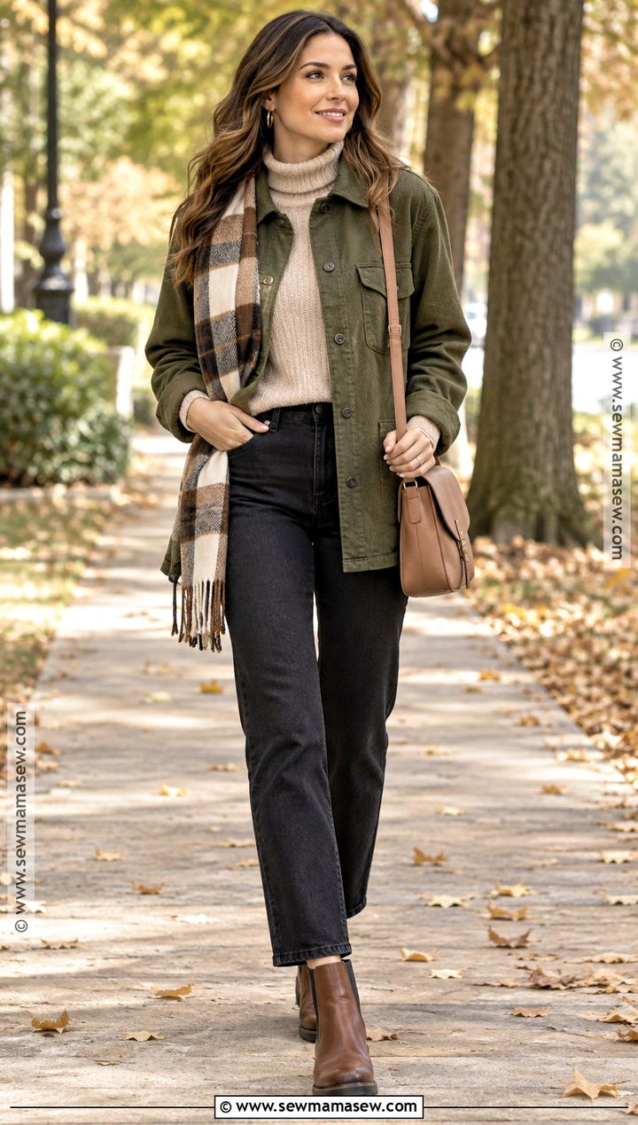 Moss Green Shacket And Black Jeans Outfit - 20 Autumn Tone Outfits