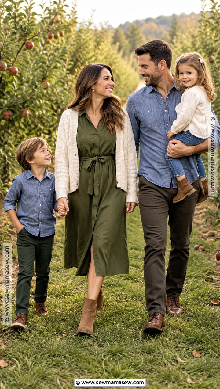 Moss Green Shirt Dress With Denim Family Outfits - 15 Green Dress Fall Family Photos Ideas