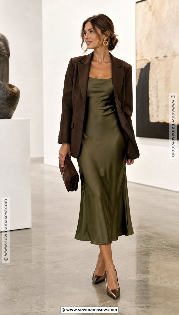 Moss Green Slip Dress With A Tailored Blazer - 15 green wedding guest dress fall ideas