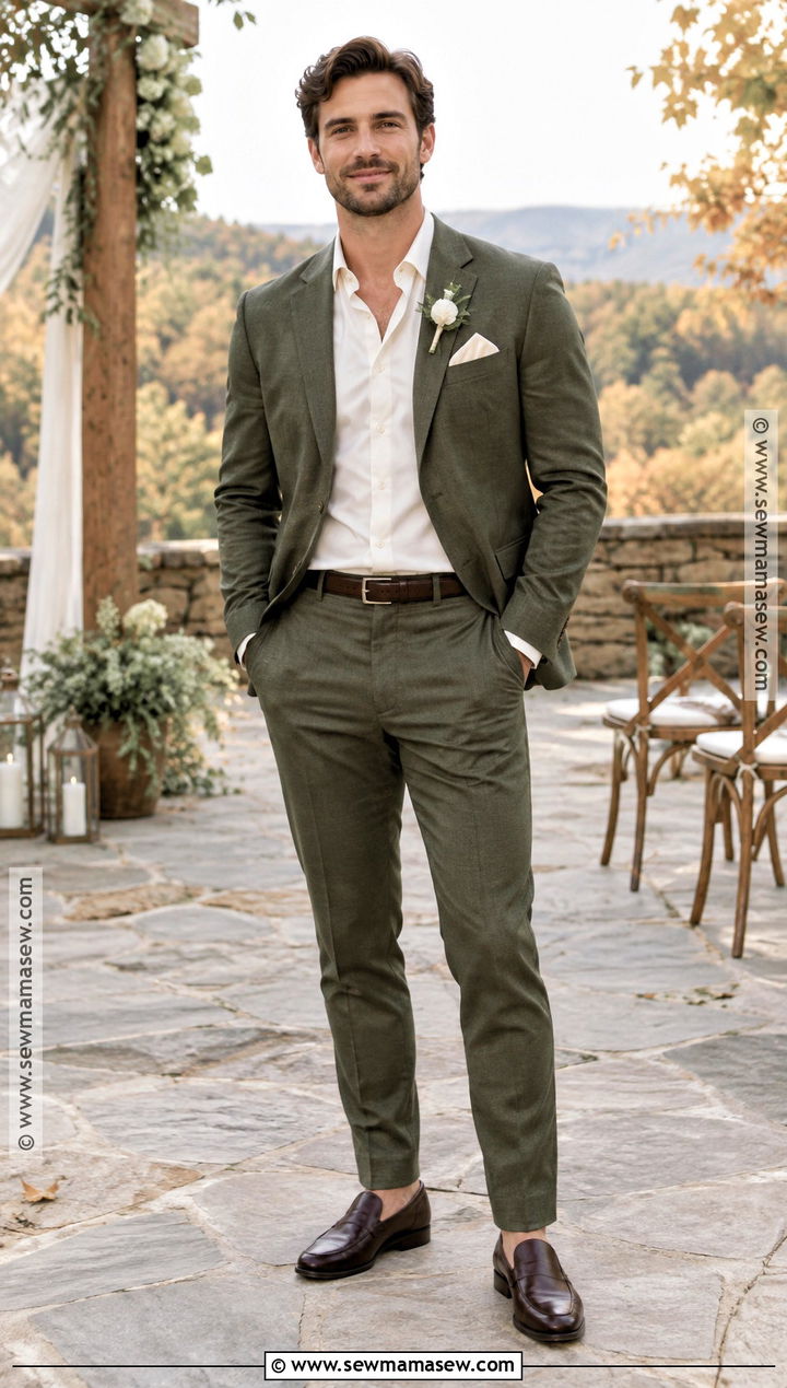 Moss Green Suit With Open Collar Shirt - 15 fall wedding tux groom attire green ideas