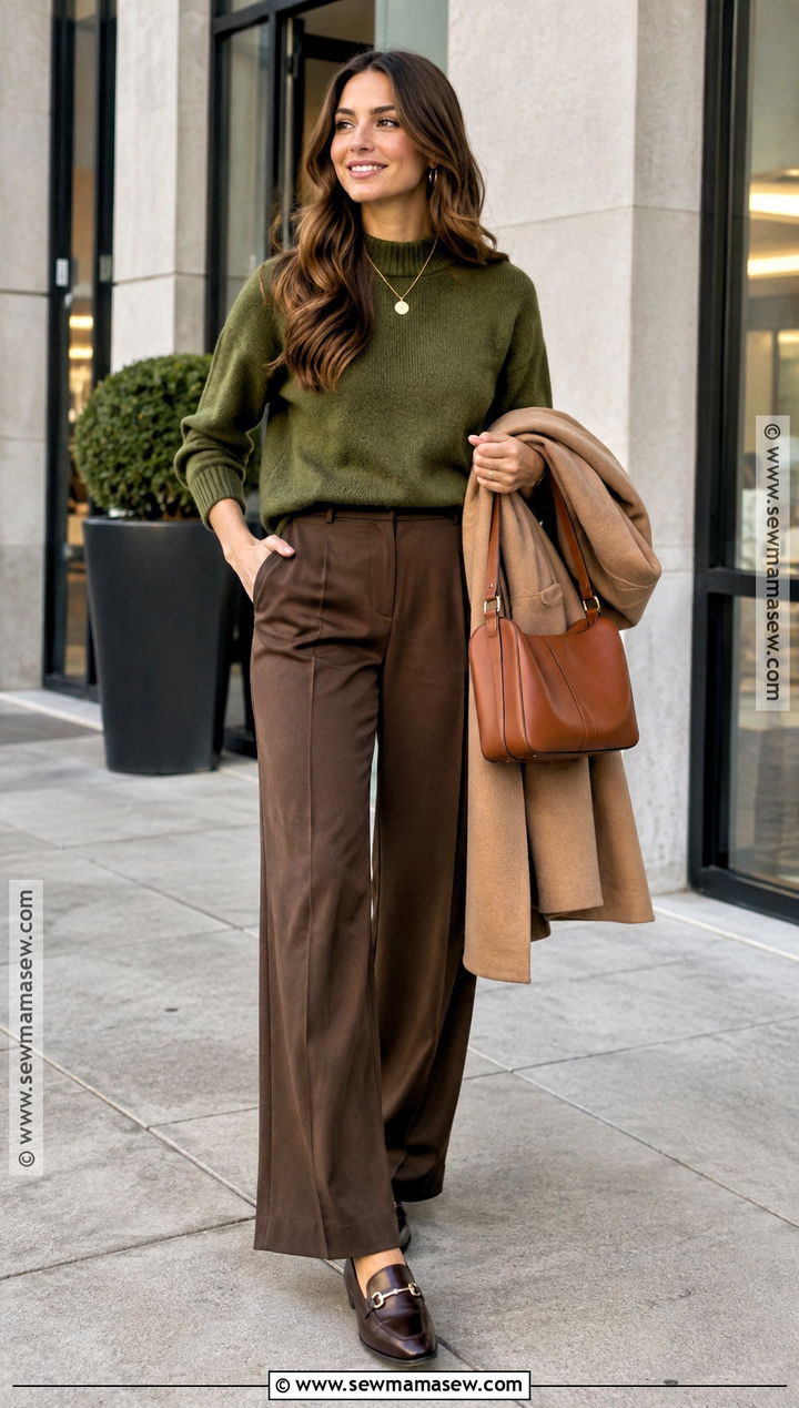 Moss Green Sweater And Brown Pants Fall Outfit - 15 Fall Outfits Women Trendy