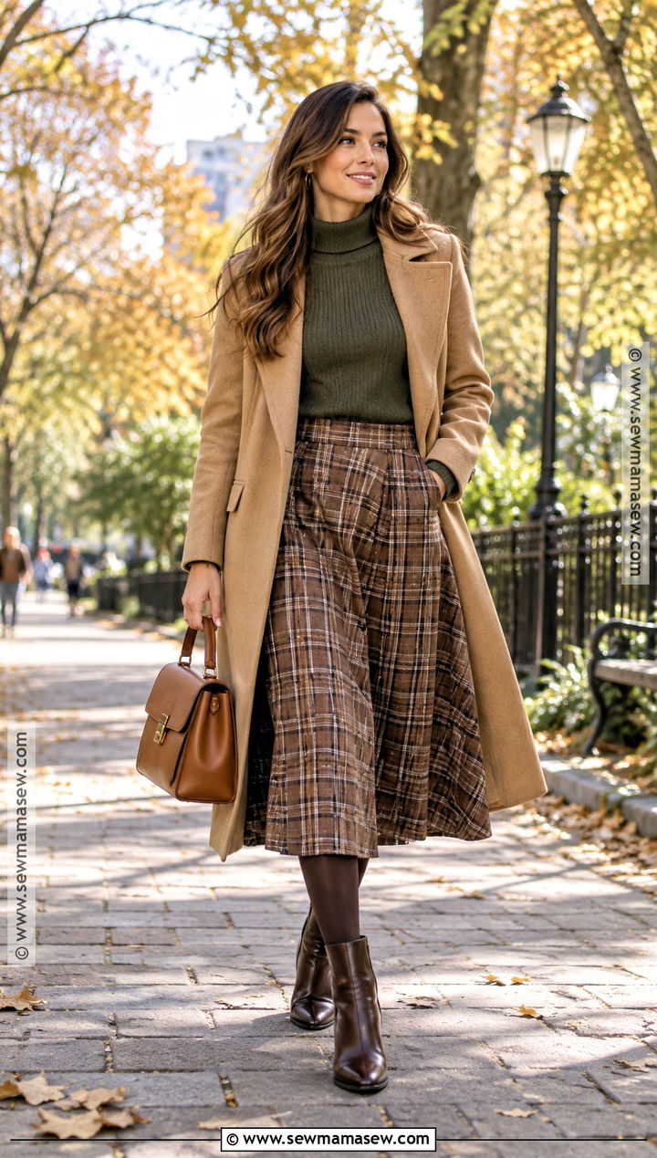Moss Green Sweater And Brown Plaid Skirt Autumn Outfit - 20 autumn color palette fashion outfit ideas