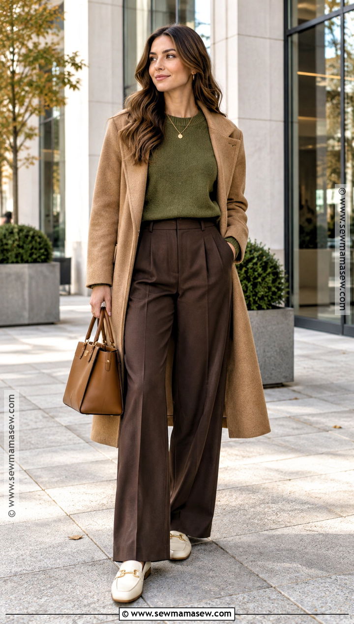 Moss Green Sweater And Chocolate Trousers Fall Outfit - 15 hot fall outfits