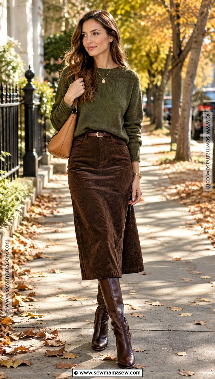 Moss Green Sweater With Chocolate Brown Skirt - 15 cozy fall sweater aesthetic ideas