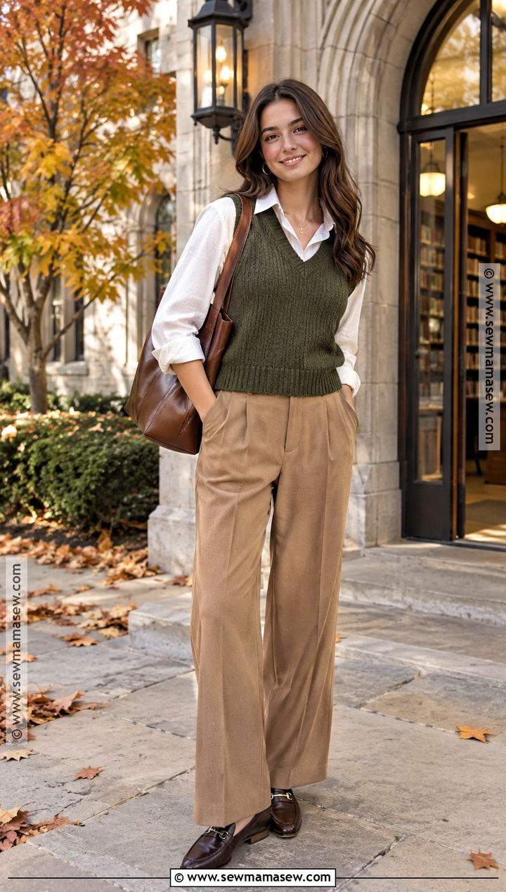 Moss Sweater Vest And Wide Leg Pants Outfit - 25 earthy fall outfits