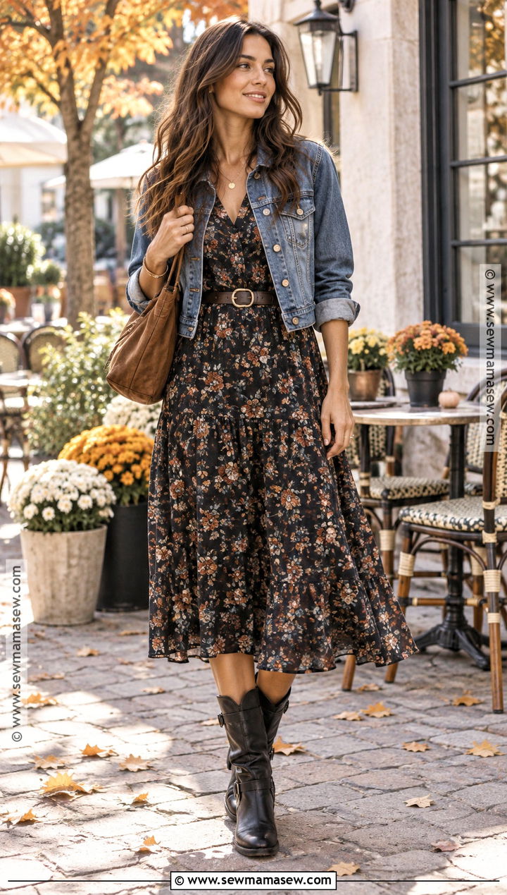 Moto Boots With Floral Dress And Denim Jacket - 15 fall moto boots outfit