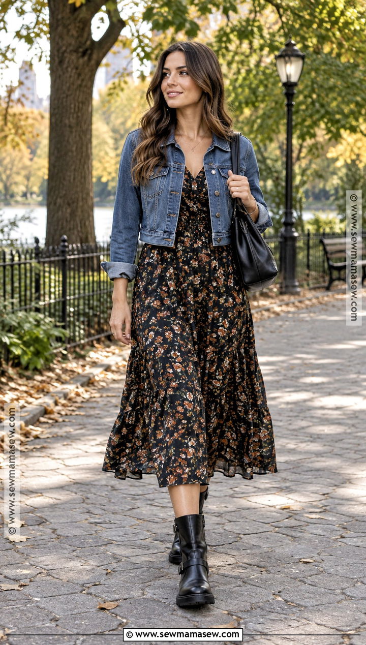 Moto Boots With Floral Midi Dress And Denim Jacket - 15 moto boots fall outfit