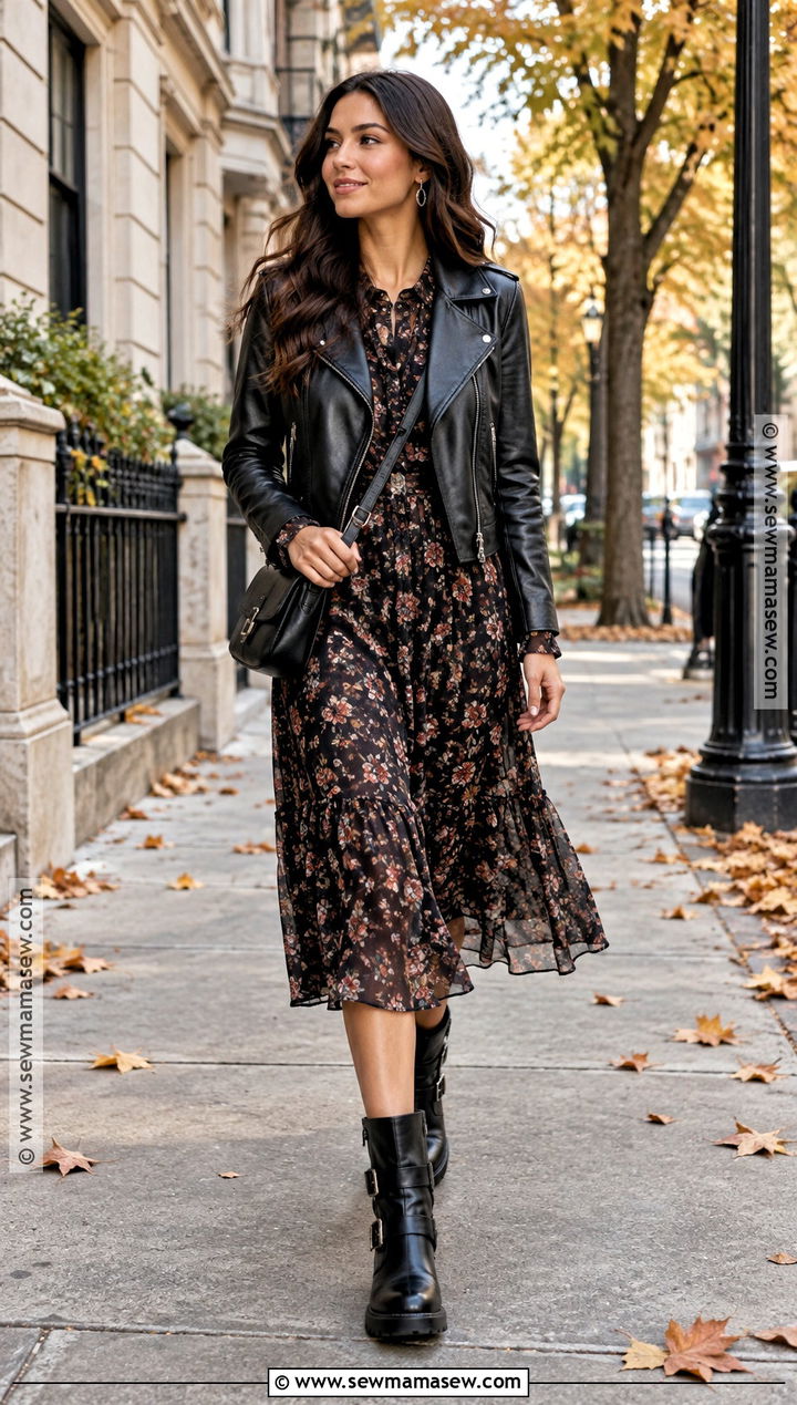 Moto Boots With Floral Midi Dress - 15 Boots Outfit Fall 2026