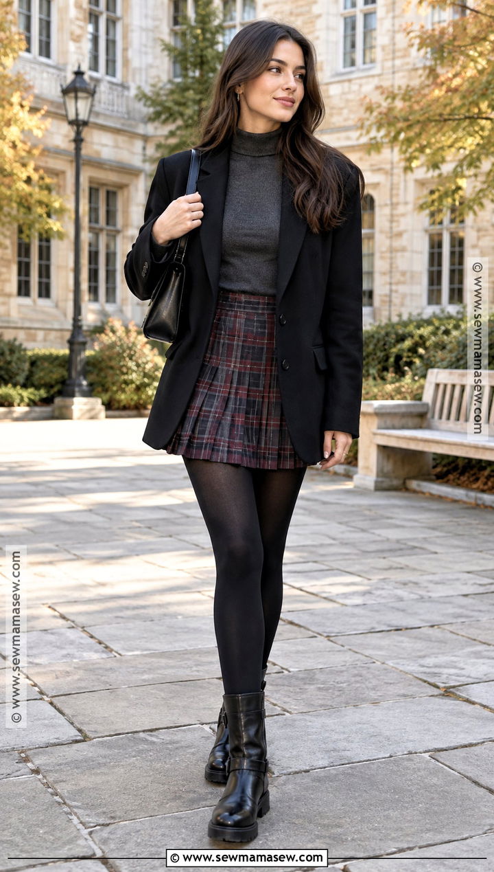 Moto Boots With Plaid Skirt And Blazer - 15 fall moto boots outfit