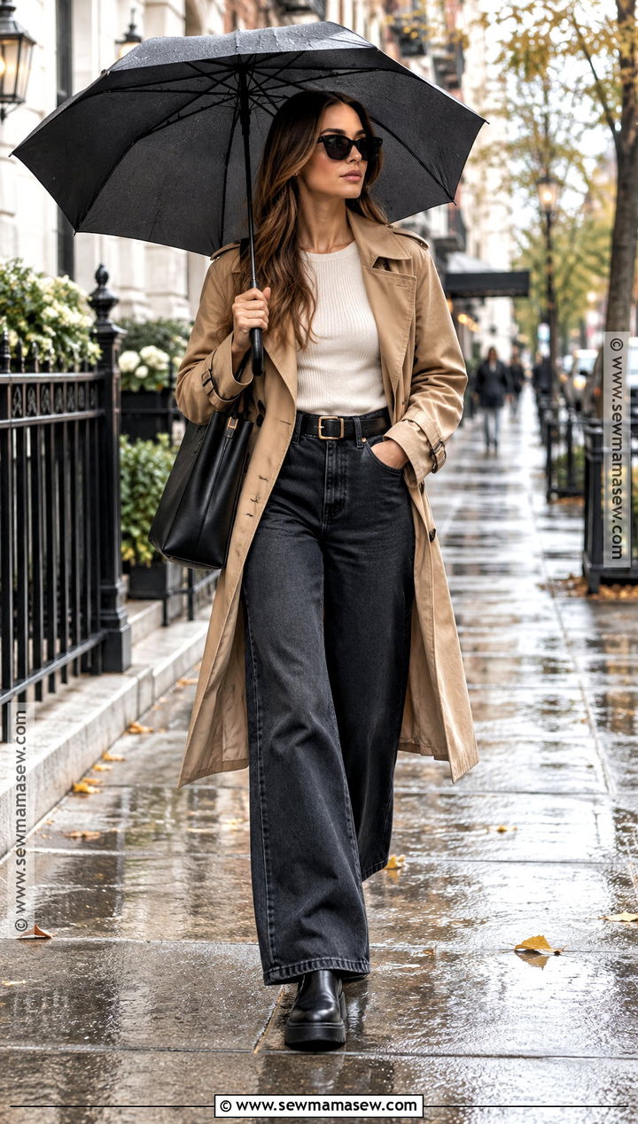 Moto Boots With Wide Leg Jeans and a Trench Coat - 25 moto boots outfit fall