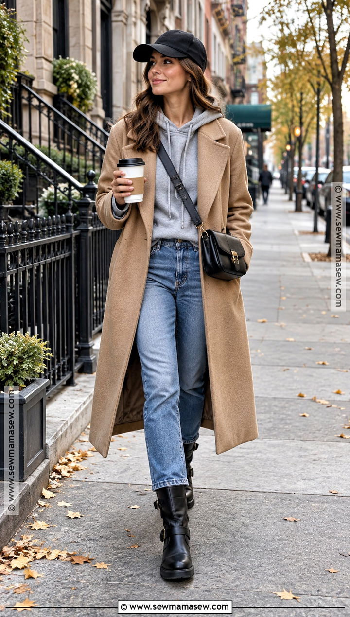 Moto Boots With a Hoodie and Long Wool Coat - 25 moto boots outfit fall