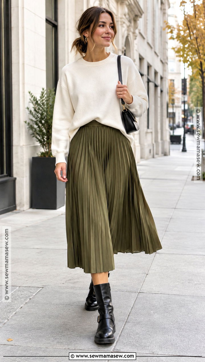 Moto Boots With a Pleated Midi Skirt and Sweatshirt - 25 moto boots outfit fall