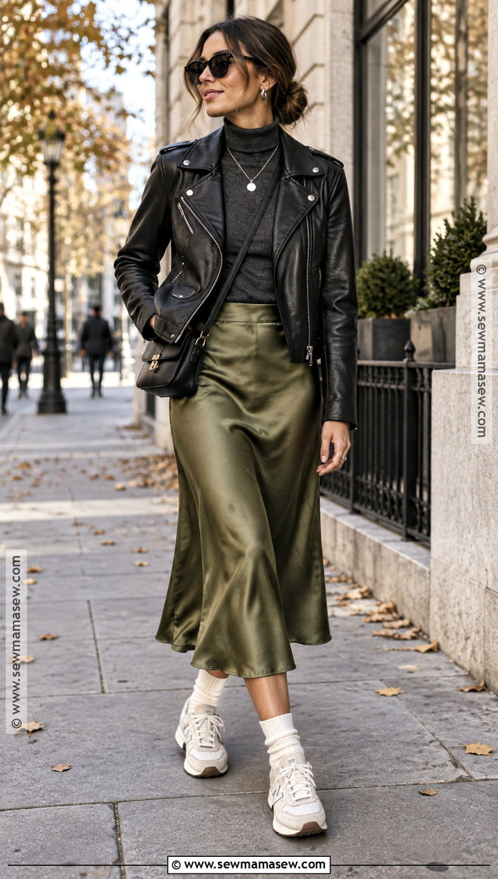 Moto Jacket Slip Skirt And Sneakers Outfit - 25 autumn outfits streetwear