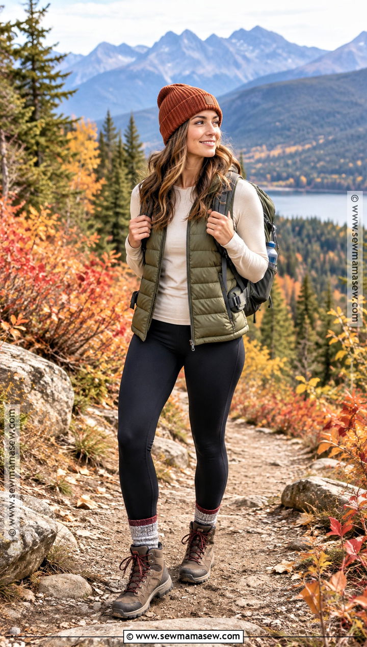 Mountain Hiking Outfit With Leggings And Puffer Vest - 20 mountain outfit fall ideas